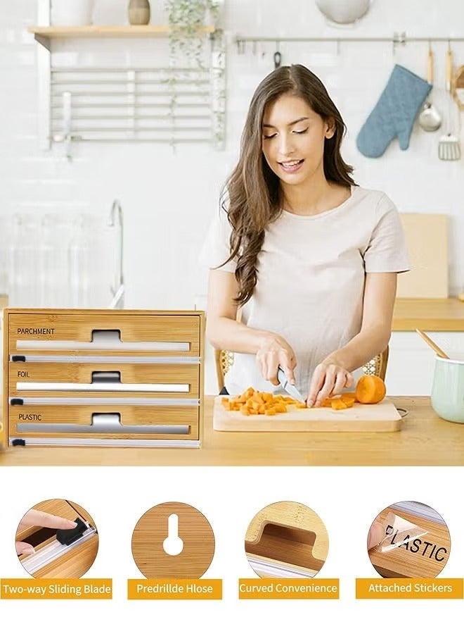3 in 1 Wrap Organizer with Cutter and Labels Plastic Wrap Aluminum Foil and Wax Paper Bamboo Dispenser for Kitchen Storage Organization Holder - Image 4