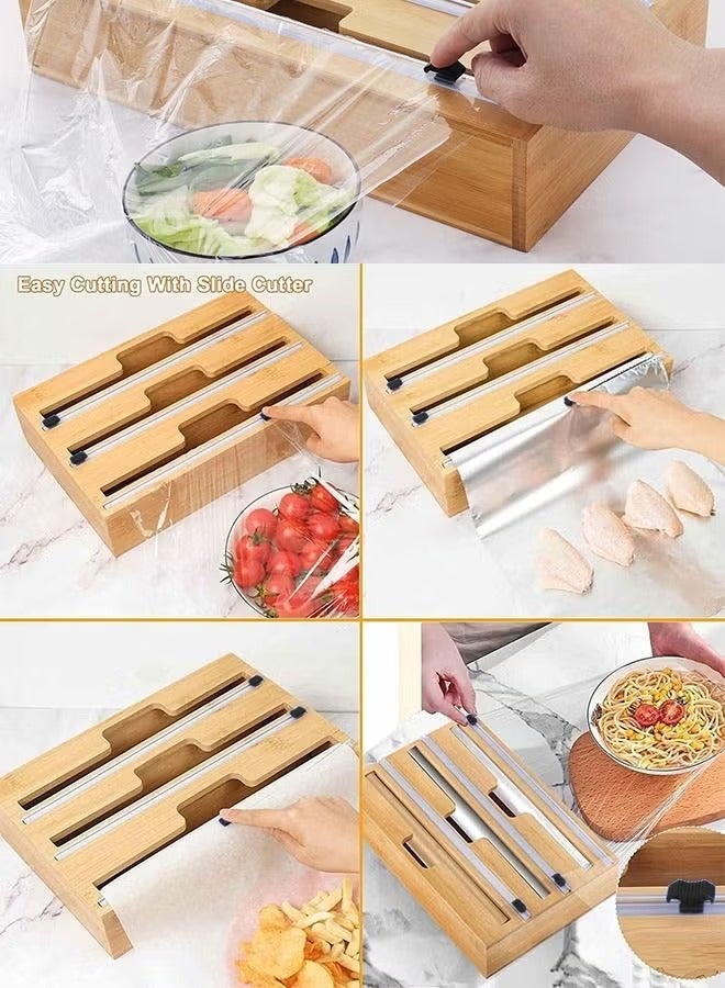 3 in 1 Wrap Organizer with Cutter and Labels Plastic Wrap Aluminum Foil and Wax Paper Bamboo Dispenser for Kitchen Storage Organization Holder - Image 5
