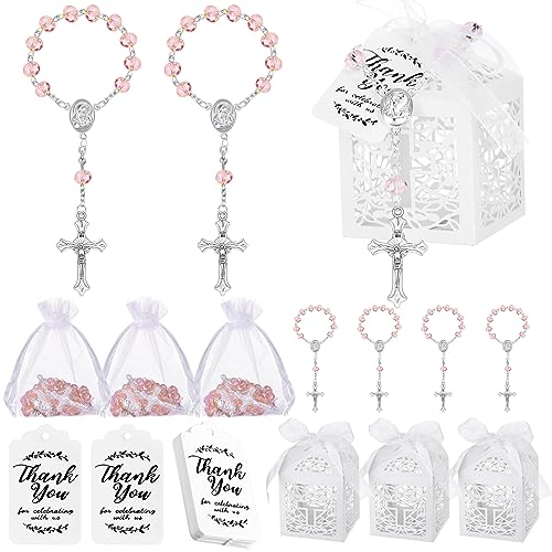 Yinkin 100 Pcs Baptism Favors Set Including 25 Mini Rosary Baptism Favors 25 Organza Bags with Drawstring 25 Thank Kraft Tags 25 Boxes for Christening Party Wedding Supplies GiftsPink - Image 1