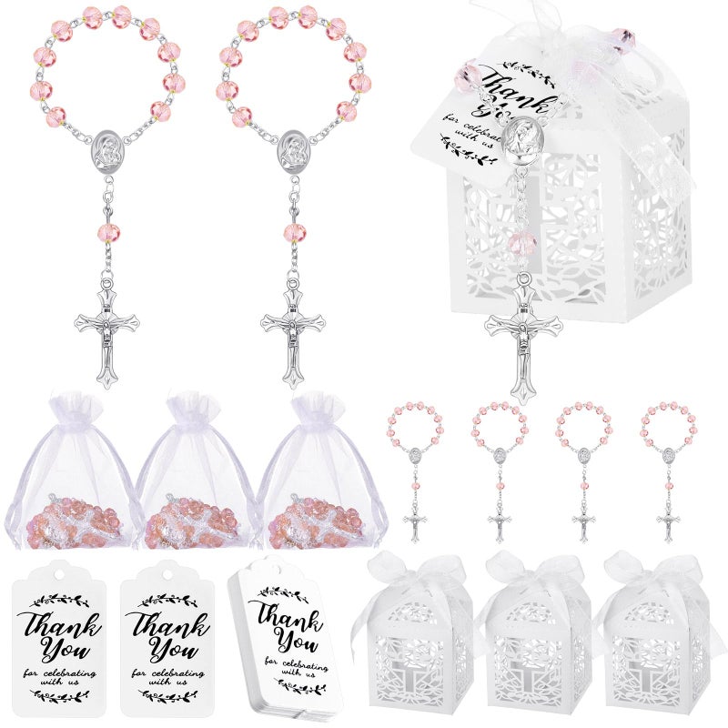 Yinkin 100 Pcs Baptism Favors Set Including 25 Mini Rosary Baptism Favors 25 Organza Bags with Drawstring 25 Thank Kraft Tags 25 Boxes for Christening Party Wedding Supplies GiftsPink - Image 2