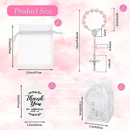 Yinkin 100 Pcs Baptism Favors Set Including 25 Mini Rosary Baptism Favors 25 Organza Bags with Drawstring 25 Thank Kraft Tags 25 Boxes for Christening Party Wedding Supplies GiftsPink - Image 3