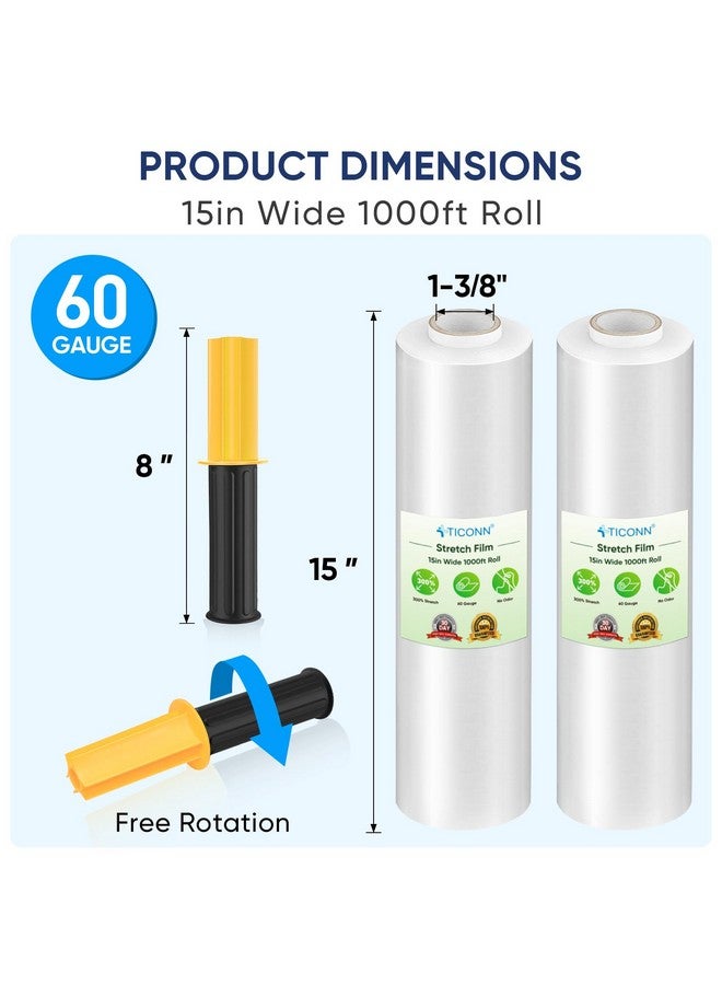 تيكون لفة فيلم مطاطية قابلة للتمدد 1000 قدم 60 مقياس القوة الصناعية 15 بوصة غلاف بلاستيكي شفاف واسع مع مقابض لتغليف البليت ونقل الشحن - Image 2