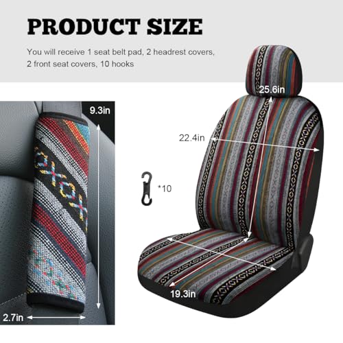ZNDAW 5PCS Baja Saddle Blanket Car Seat Covers Front Set Breathable Washable Seat Covers with Seatbelt Pad Striped Woven Cloth Airbag Compatible Seats Protector for Most Vehicles 5pcs - Image 3