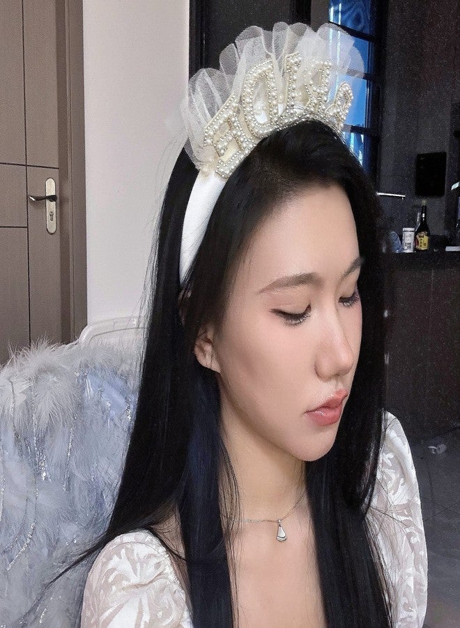 Agkvw Pearl Veil Bride Headband, White Satin Hairband with 'BRIDE' Decorated by Pearl and Rhinestone, Bridal Hairband for Bachelorette Party Decorations, Women's Hair Accessory - Image 4