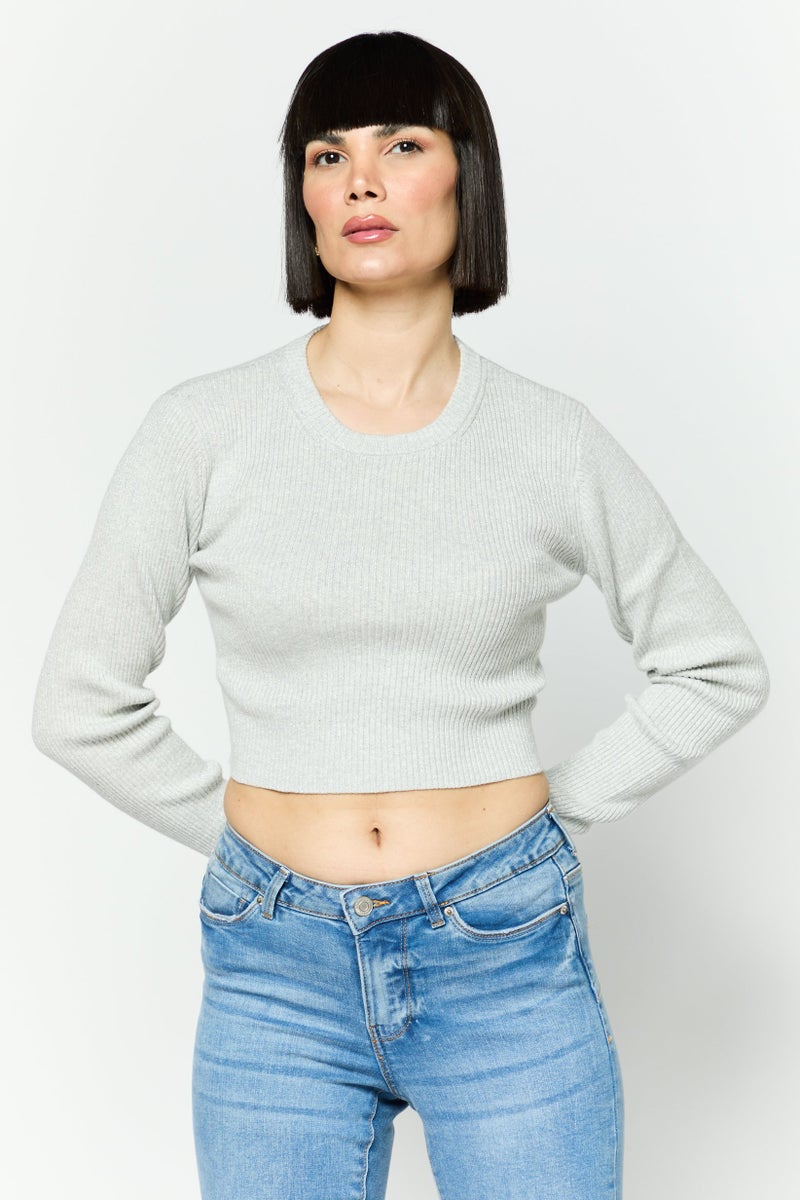 ESPRIT Women Round Neck Ribbed Crop Sweater, Grey - Image 1