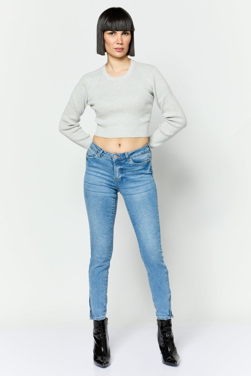 ESPRIT Women Round Neck Ribbed Crop Sweater, Grey - Image 2