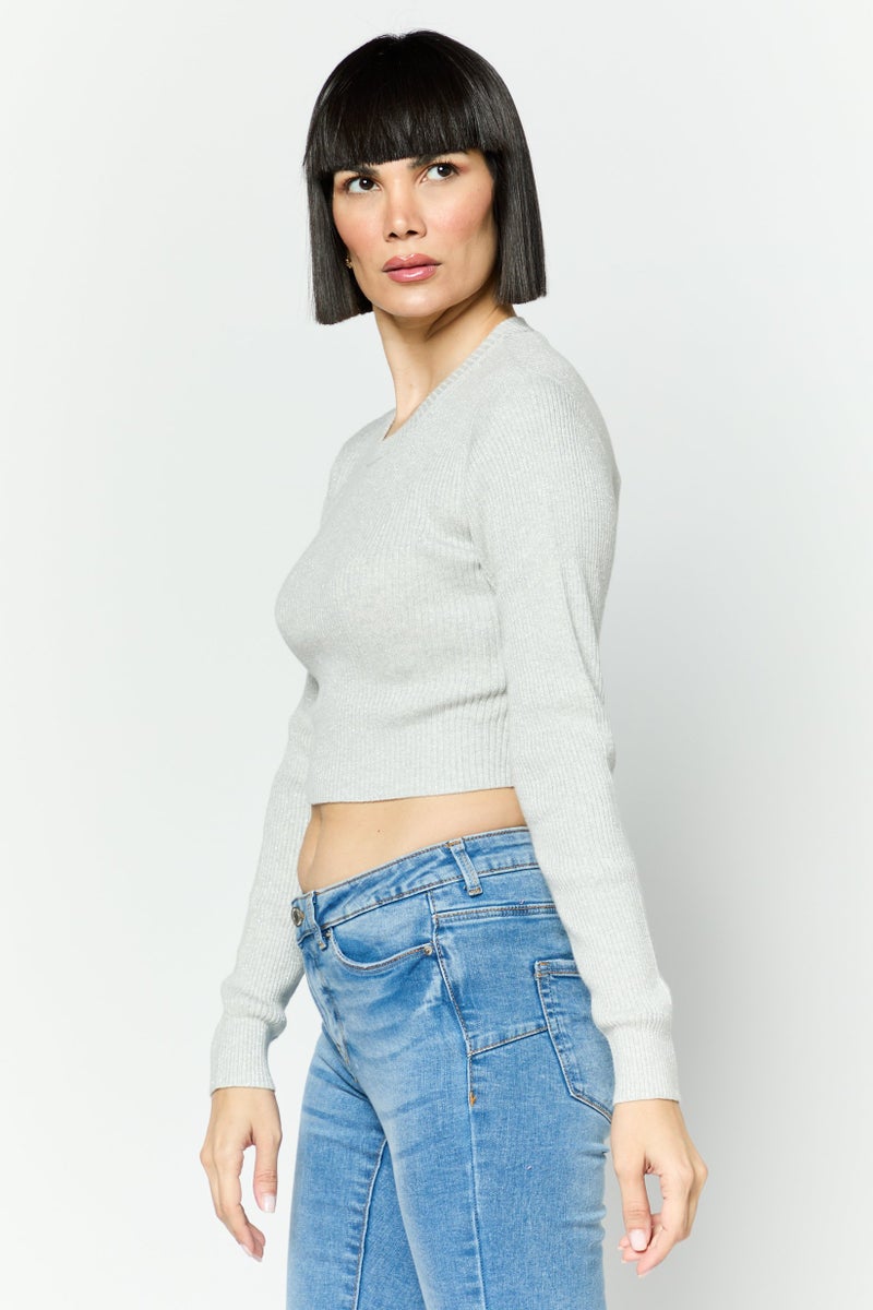 ESPRIT Women Round Neck Ribbed Crop Sweater, Grey - Image 4