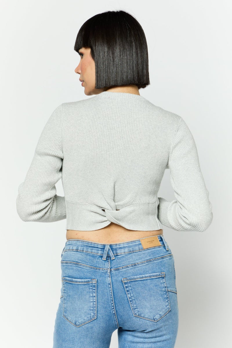 ESPRIT Women Round Neck Ribbed Crop Sweater, Grey - Image 3