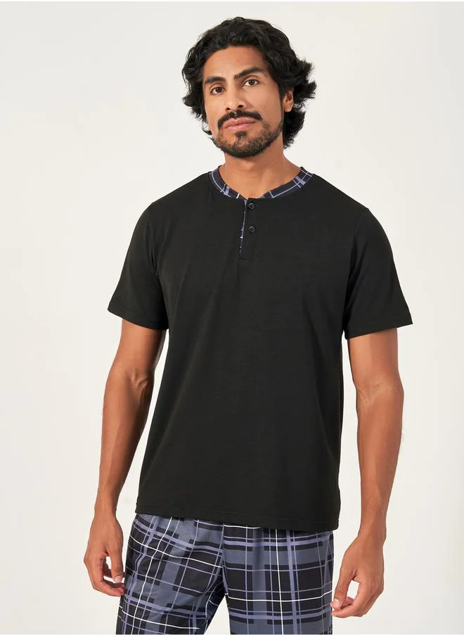 Styli Contrast Placket Henley Neck T-Shirt & Checkered Pyjama Set