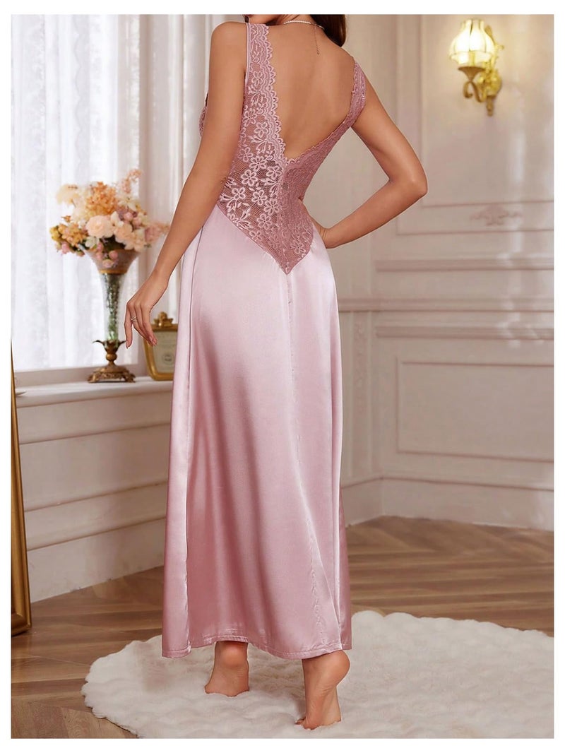 WDIRARA Women's Lace Backless Sexy Long Satin Sleepwear Deep V Neck Sleeveless Nightgown Pink Large - Image 2