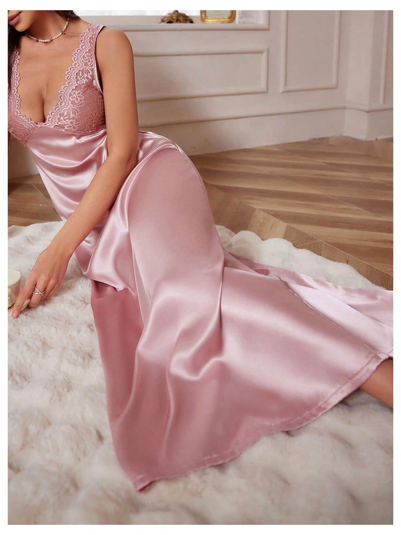 WDIRARA Women's Lace Backless Sexy Long Satin Sleepwear Deep V Neck Sleeveless Nightgown Pink Large - Image 4