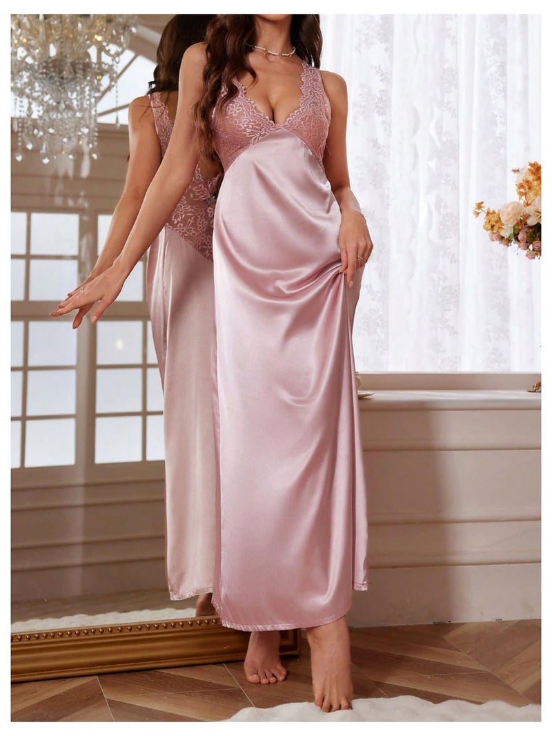 WDIRARA Women's Lace Backless Sexy Long Satin Sleepwear Deep V Neck Sleeveless Nightgown Pink Large - Image 5