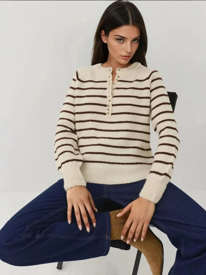 HICCUP Striped Button Collar Sweater