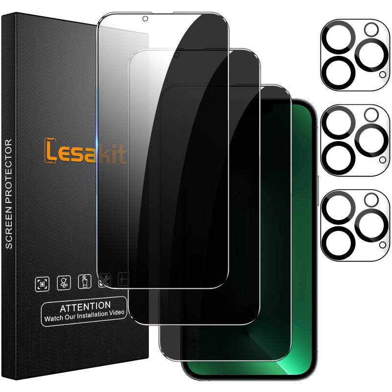 Lesakit 3+3 Pack Privacy Screen Protector for iPhone 13 Pro Max 6.7-Inch with 3 Pack Camera Lens Protector, Anti Spy Tempered Glass Film 9H Hardness Bubble Free Case Friendly - Image 1