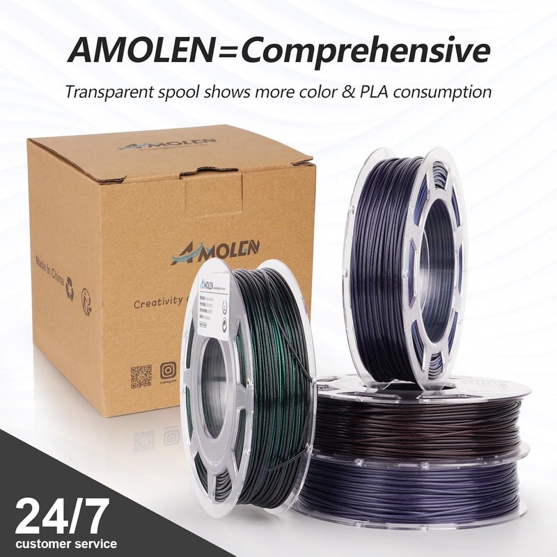 AMOLEN خيوط PLA للطابعة ثلاثية الأبعاد، خيوط PLA 1.75 مم، حزمة خيوط حريرية لامعة، أسود أحمر، أسود أزرق، أسود أرجواني، أسود أخضر، حزمة خيوط طباعة ثلاثية الأبعاد، 200 جرام × 4 بكرات، 4 عبوات لامعة - سلسلة سوداء - Image 5