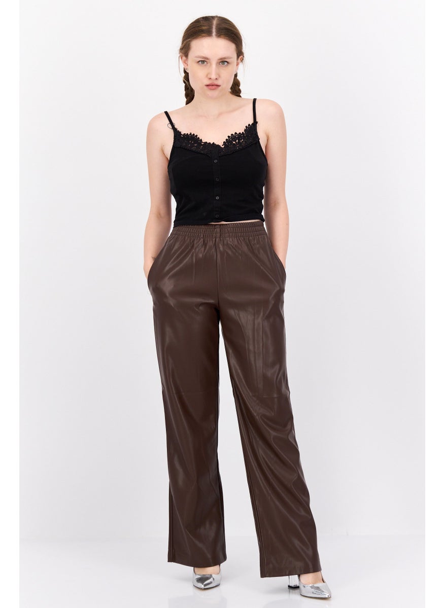 Black Tape - Women Regular Fit Plain Wide Leg Pants, Chocolate Brown - Image 1