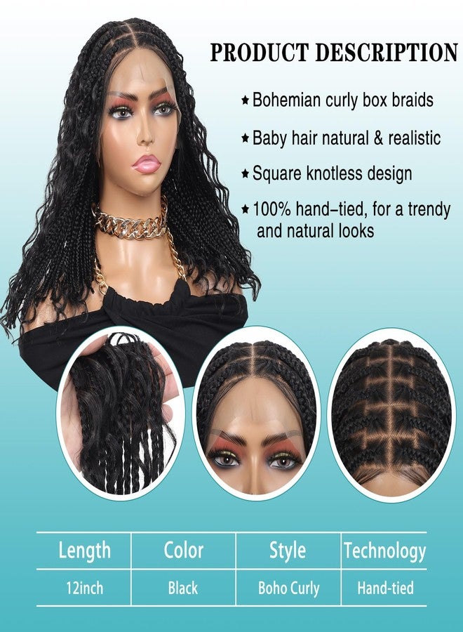 Kalyss 12inch 13x8 HD Lace Front Short Boho Braided Wigs for Women Full Lace Knotless Braided Wig with Bohemian Curly Box Braid Wig with Baby Hair Natural Black Premium Synthetic Braid Wigs - Image 3
