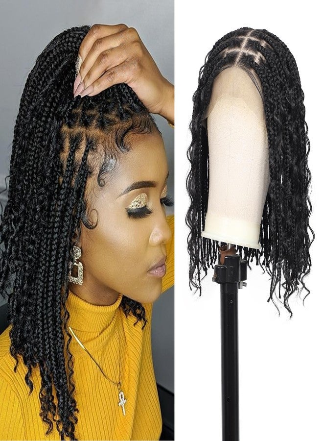 Kalyss 12inch 13x8 HD Lace Front Short Boho Braided Wigs for Women Full Lace Knotless Braided Wig with Bohemian Curly Box Braid Wig with Baby Hair Natural Black Premium Synthetic Braid Wigs - Image 1