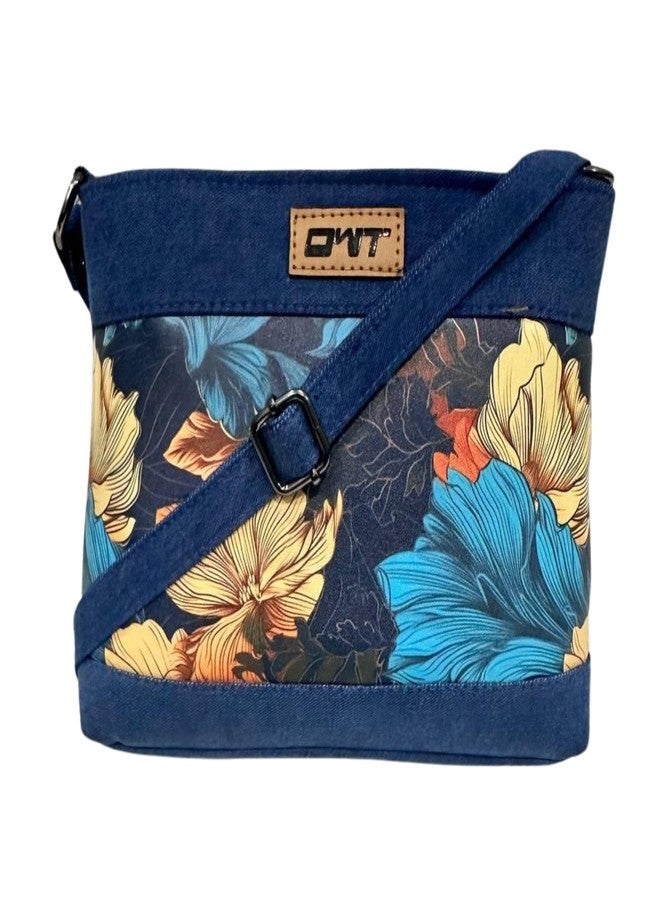 OWT Sling Crossbody Bag for Girls and Women | Made with Durable Denim and Vegan Leather Material | Carefully Handcrafted | Zip Closure | Adjustable Straps | Multicolor handcrafted denim sling bag - Image 1