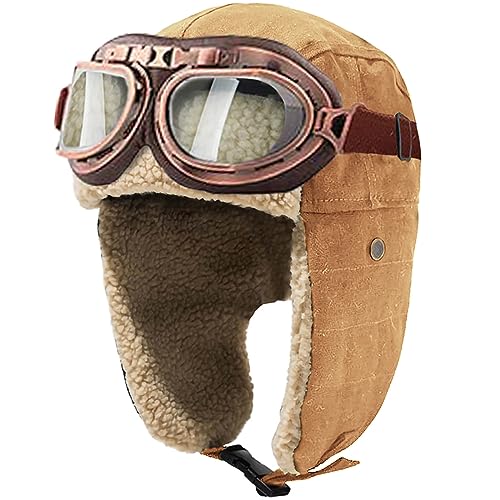 Peicees Vintage Aviator Hat and Goggles Costume Accessories Fur Ear Flaps Trooper Trapper Pilot Cap for Men Women - Image 1