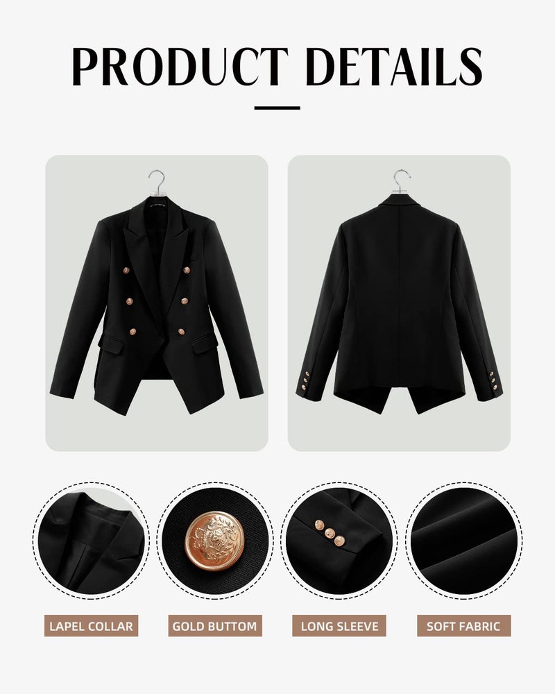 CRAZY GRID Womens Double Breasted Blazer Jackets Open Front Business Casual Suit Jacket Long Sleeve Dressy Blazer Lapel Gold Button Ladies Work Office Blazer Black Large - Image 5