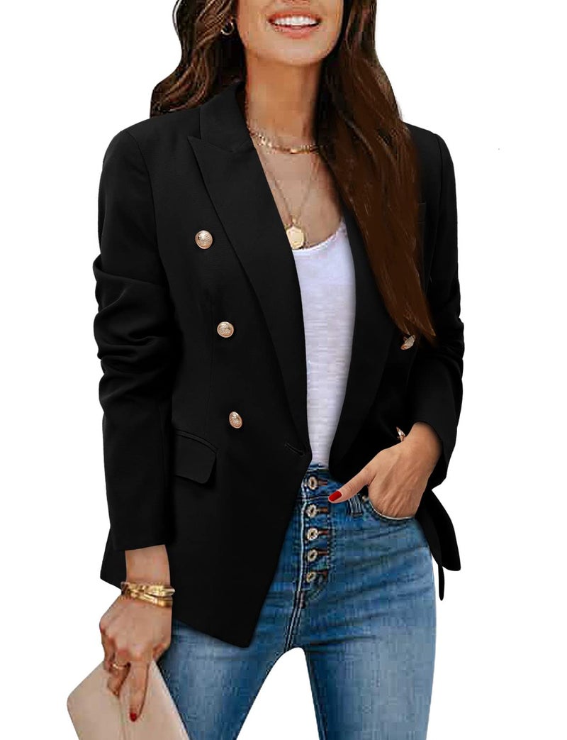 CRAZY GRID Womens Double Breasted Blazer Jackets Open Front Business Casual Suit Jacket Long Sleeve Dressy Blazer Lapel Gold Button Ladies Work Office Blazer Black Large - Image 3
