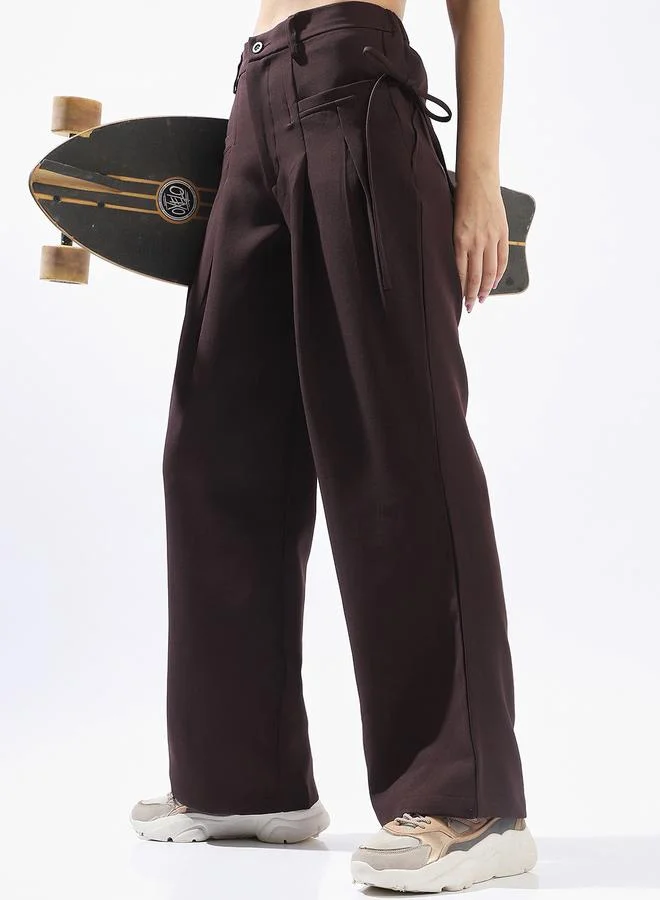 Hubberholme Brown Wide Leg Trousers for Women Wide Leg Fit 91% Polyester 9% Spandex Button Closure