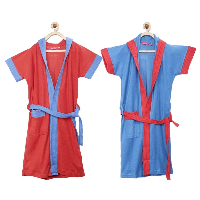 Sanddune Girls and Boys Terry Cotton Hooded Bathrobe with Half Sleeves Knee Length Pocket with Waist BeltCombo of 2 Pieces Multicolour 1213 Years