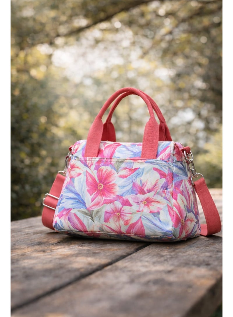 Stylish Floral Crossbody Bag – Compact Multi-Zip Shoulder & Handbag for Daily Use (Pink & white)