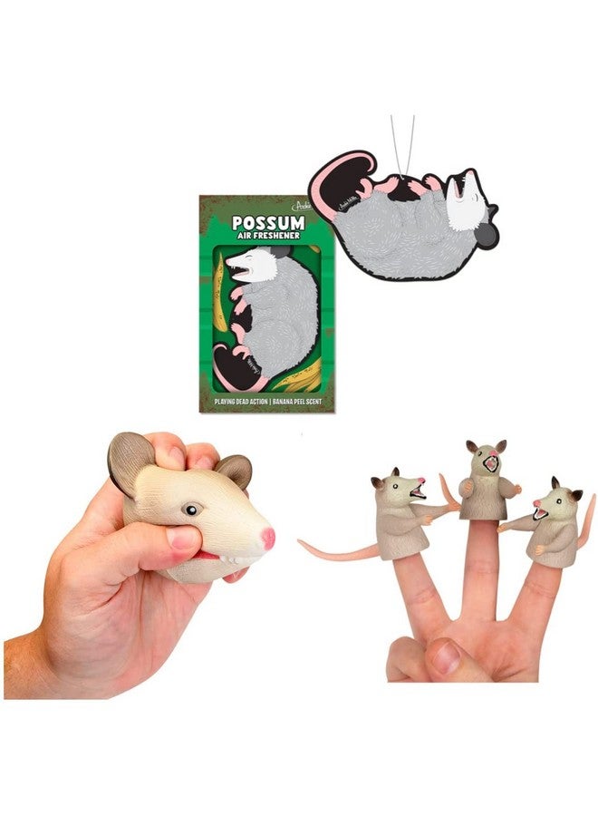 Archie McPhee Perplexing Possum Perfection Pack Air Freshener 3 Finger Puppets And Stress Ball Set Of 5 2 Inches - Image 1