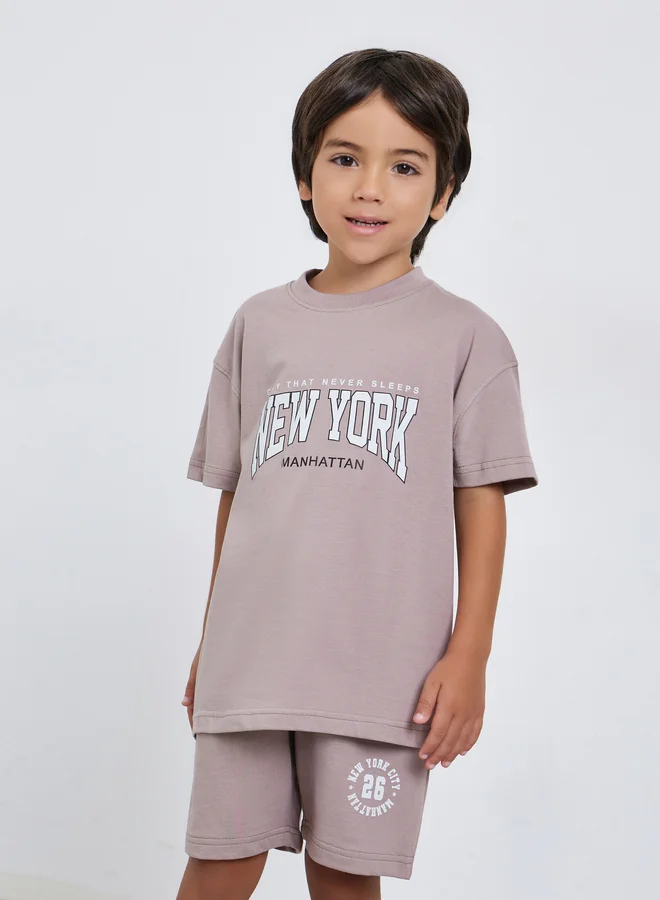 Styli Boys Grey Printed Cotton T-Shirt and Shorts Set