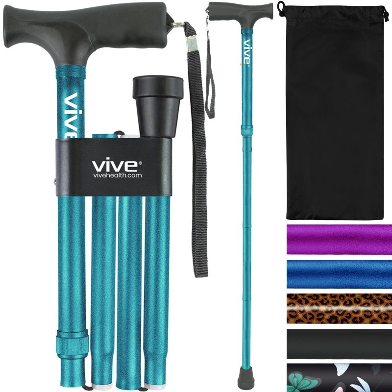 VIVE Vive Folding Cane Foldable Walking Cane for Men Women Foldup Collapsible Lightweight Adjustable Portable Hand Walking Stick Balancing Mobility Aid Sleek Comfortable T Handles Teal