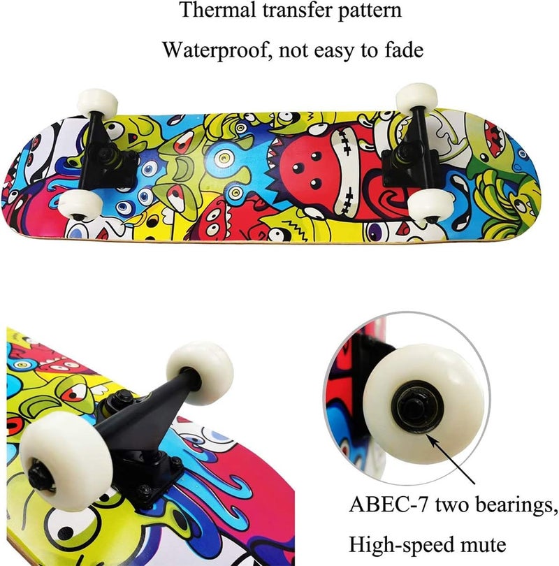 asktom Skateboards for Beginners Kids Boys Girls and Adults 31"x8" Pro Complete Skateboard 8 Layers Maple Wood, Double Kick Concave, Fascinating Cool, Solid&Durable (Little Monster) - Image 4