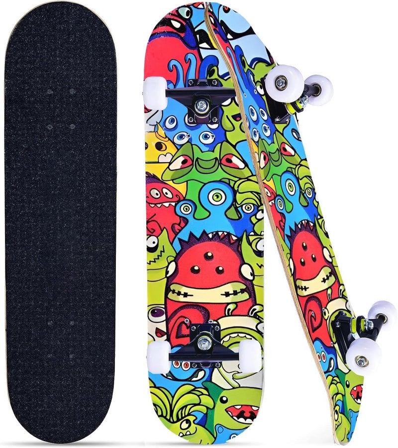 asktom Skateboards for Beginners Kids Boys Girls and Adults 31"x8" Pro Complete Skateboard 8 Layers Maple Wood, Double Kick Concave, Fascinating Cool, Solid&Durable (Little Monster) - Image 1