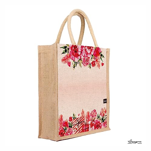 Sangra Multicolor Jute Tote Bag | Zip-Closure Lunch Bag with Handle for Men and Women (Pink Rose) - Image 2