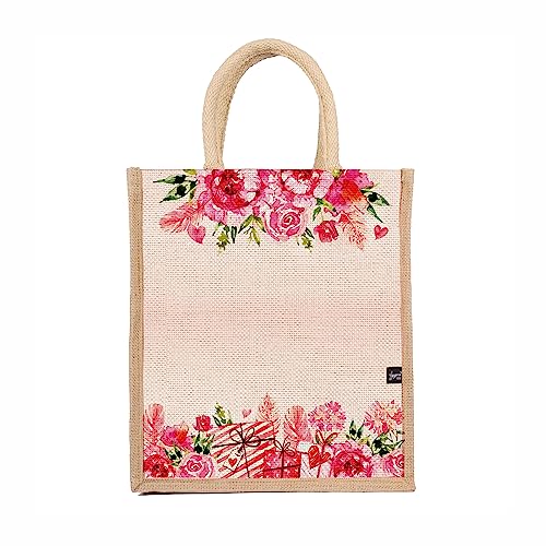 Sangra Multicolor Jute Tote Bag | Zip-Closure Lunch Bag with Handle for Men and Women (Pink Rose) - Image 1
