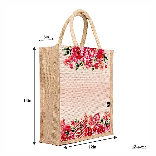 Sangra Multicolor Jute Tote Bag | Zip-Closure Lunch Bag with Handle for Men and Women (Pink Rose) - Image 3