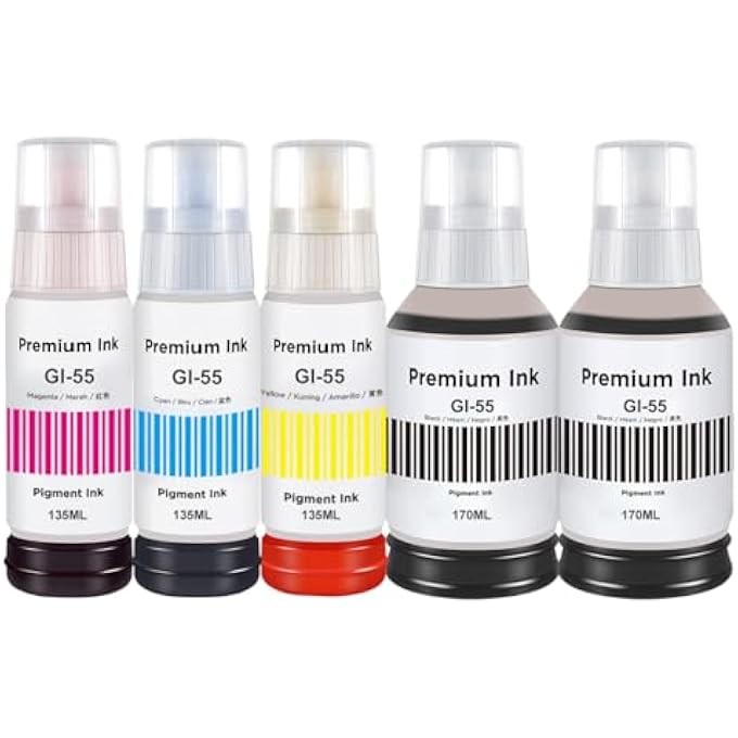 GI-55 GI55 INK COMPATIBLE WITH CANON GI55 GI-55 INK BOTTLE MULTIPACK FOR CANON MAXIFY GX1050 GX2050 PRINTER (5 PACK, 2BLACK, CYAN/MAGENTA/YELLOW) - Image 1