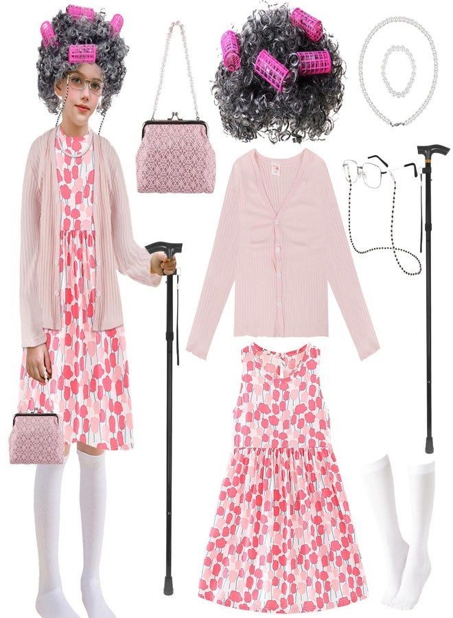 Kitimi 3Kids120 Kid 100th Day of School Costume, Old Lady Costume for Girls, 100 Days of School Costume Grandma Granny Wig - Image 1