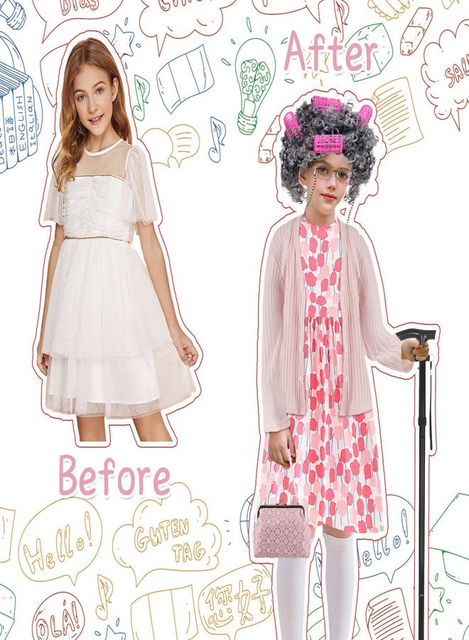 Kitimi 3Kids120 Kid 100th Day of School Costume, Old Lady Costume for Girls, 100 Days of School Costume Grandma Granny Wig - Image 4