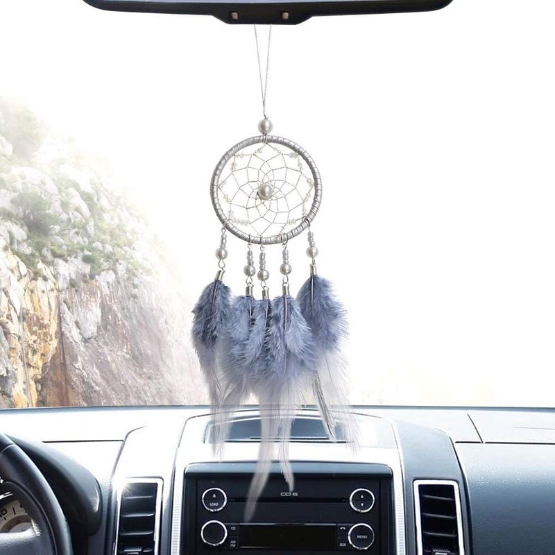 EGBANG Dream Catchers for Cars Rear View Mirror Small Feather Dream Catcher Wall Hanging Car Deco Accessories for Women Grey - Image 3