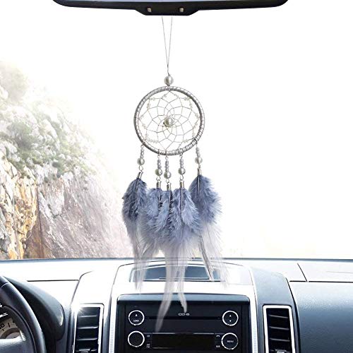 EGBANG Dream Catchers for Cars Rear View Mirror Small Feather Dream Catcher Wall Hanging Car Deco Accessories for Women Grey - Image 1