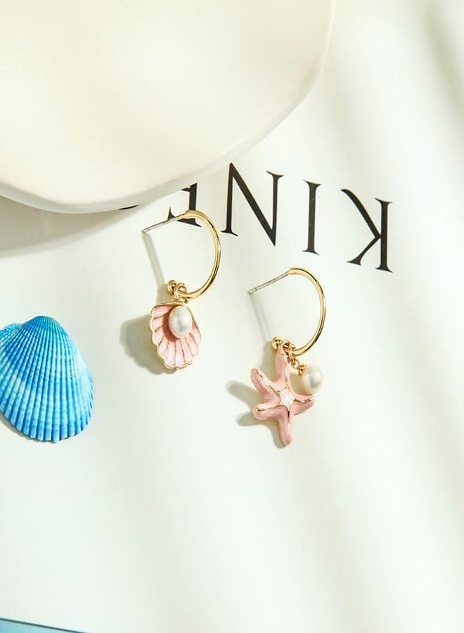 El Regalo Pearl Shell Starfish Enamel Asymmetrical Earrings for Girls & Women- Pearls Shells Ocean Theme Jewelry - Image 5