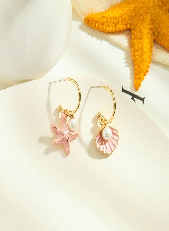 El Regalo Pearl Shell Starfish Enamel Asymmetrical Earrings for Girls & Women- Pearls Shells Ocean Theme Jewelry - Image 2