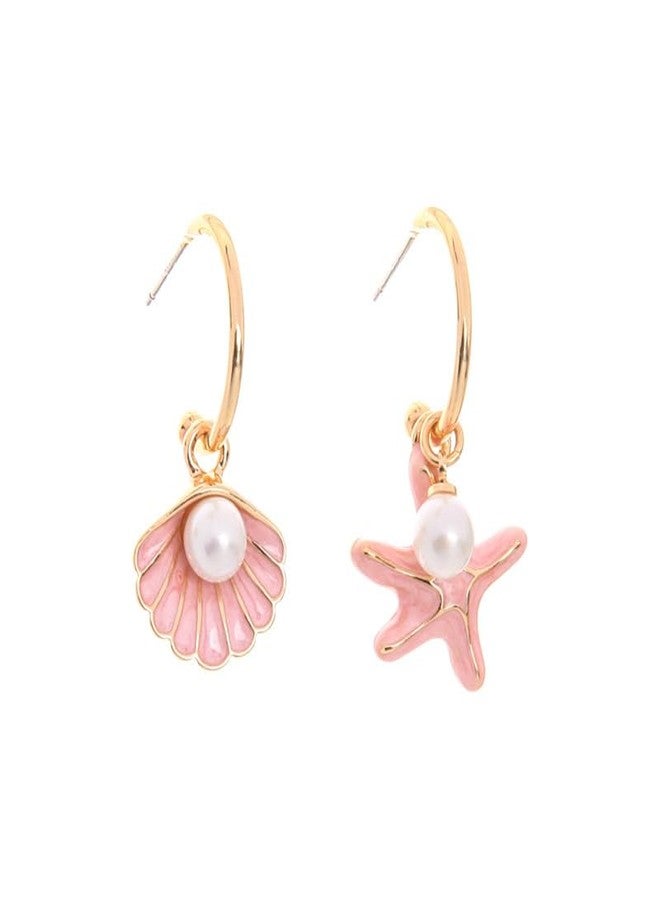 El Regalo Pearl Shell Starfish Enamel Asymmetrical Earrings for Girls & Women- Pearls Shells Ocean Theme Jewelry - Image 1