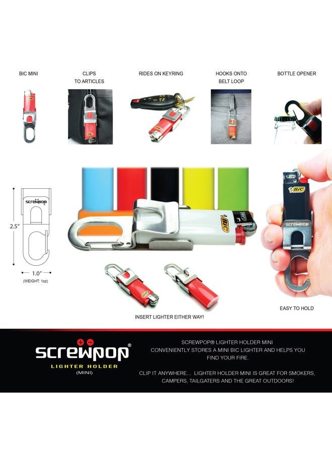 Screwpop Bic Mini Lighter Holder Keychain Multi Tool with Carabiner Clip and Bottle Opener Stainless Steel Construction (Lighter Not Included) - Image 2