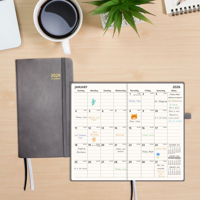 GoiUnlt 2026 Planner, Weekly ï¼† Monthly Planner 2026, Jan 2026 â€“ Dec 2026, 3.6" x 6.2", Faux Leather Cover, 12 Monthly Tabs, Thick Paper, Spiral Wirebound, Inner Pocket, Grey - Image 2