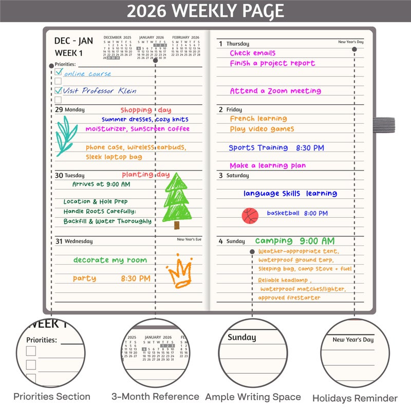 GoiUnlt 2026 Planner, Weekly ï¼† Monthly Planner 2026, Jan 2026 â€“ Dec 2026, 3.6" x 6.2", Faux Leather Cover, 12 Monthly Tabs, Thick Paper, Spiral Wirebound, Inner Pocket, Grey - Image 4