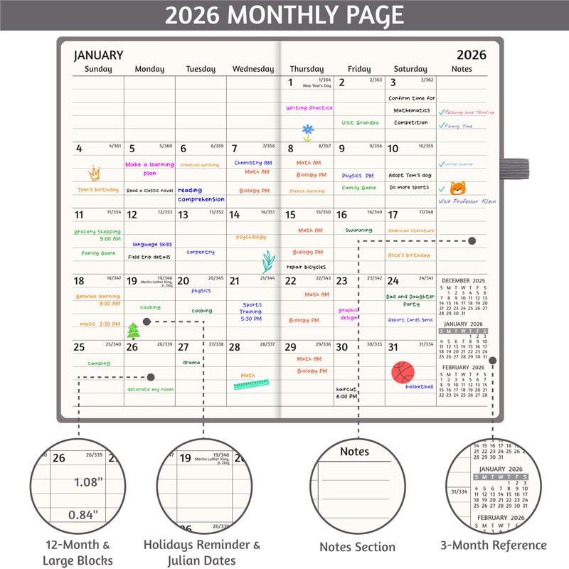 GoiUnlt 2026 Planner, Weekly ï¼† Monthly Planner 2026, Jan 2026 â€“ Dec 2026, 3.6" x 6.2", Faux Leather Cover, 12 Monthly Tabs, Thick Paper, Spiral Wirebound, Inner Pocket, Grey - Image 3