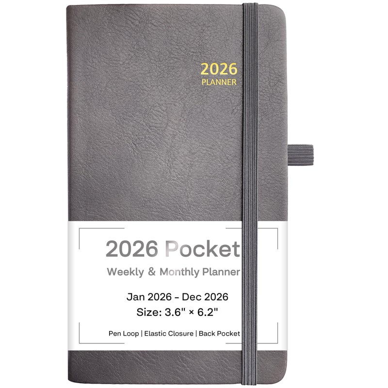 GoiUnlt 2026 Planner, Weekly ï¼† Monthly Planner 2026, Jan 2026 â€“ Dec 2026, 3.6" x 6.2", Faux Leather Cover, 12 Monthly Tabs, Thick Paper, Spiral Wirebound, Inner Pocket, Grey - Image 1